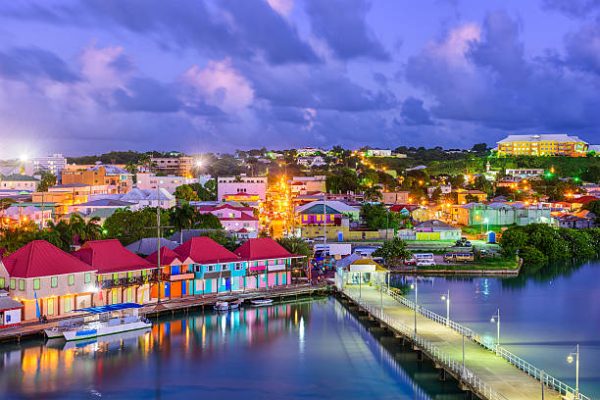 St. John's, Antigua port and skyline at twilight.